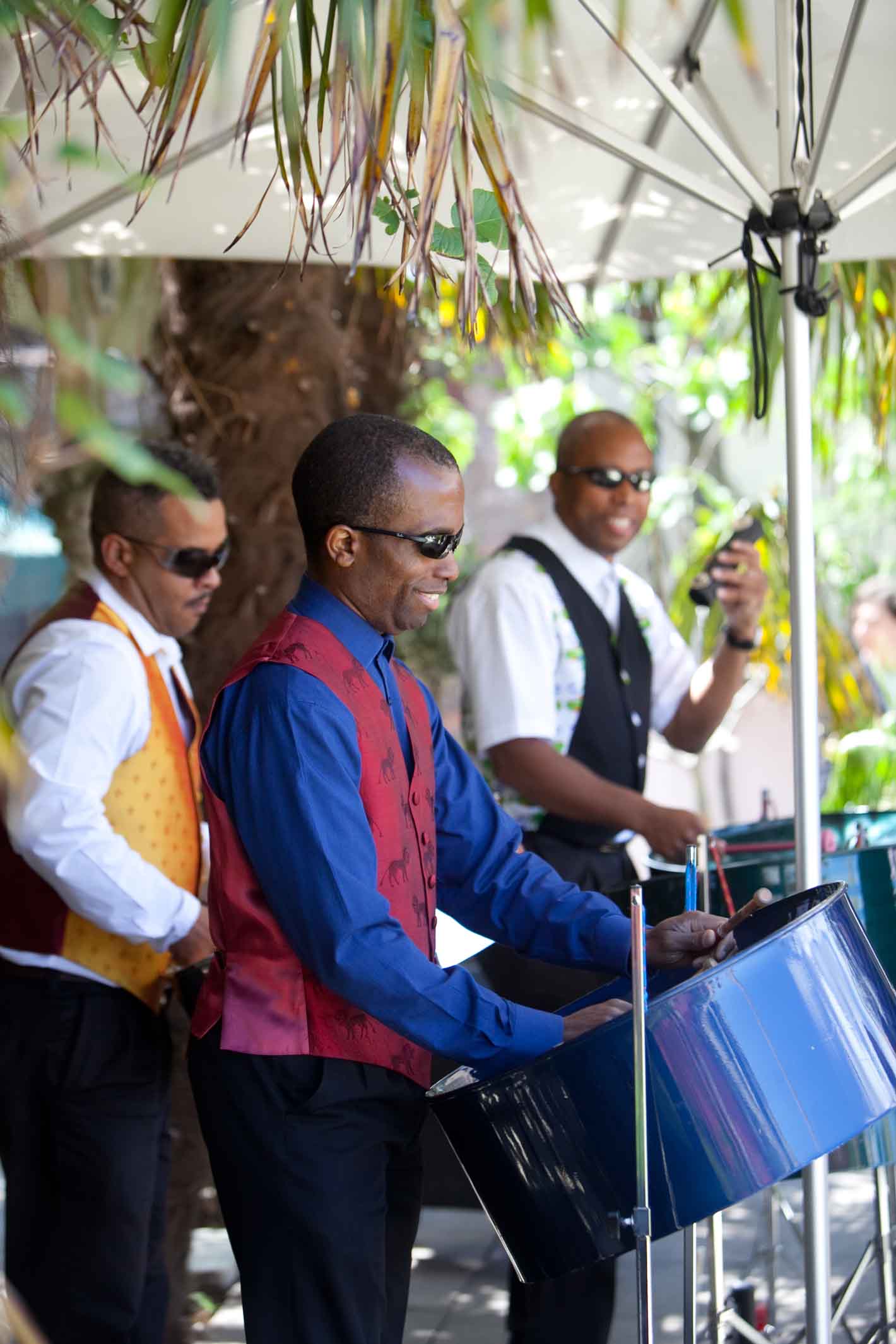 Caribbean steel drum band performing at a wedding reception in London, ideal music entertainment for weddings and creative venue ideas.